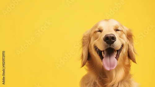 Golden retriever with eyes closed, smiling joyfully against a yellow background