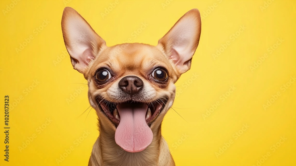 Happy Chihuahua with tongue out against a vibrant yellow background Happy Chihuahua with tongue out against a vibrant yellow background