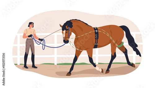 Horse training. Bereitor educating equine in paddock, guiding stallion with harness. Professional equestrian trainer, stallion performing command. Flat vector illustration isolated on white background