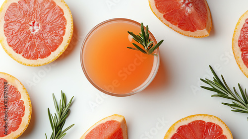 Refreshing grapefruit juice garnished with rosemary, surrounded by fresh grapefruit slices on a white background.