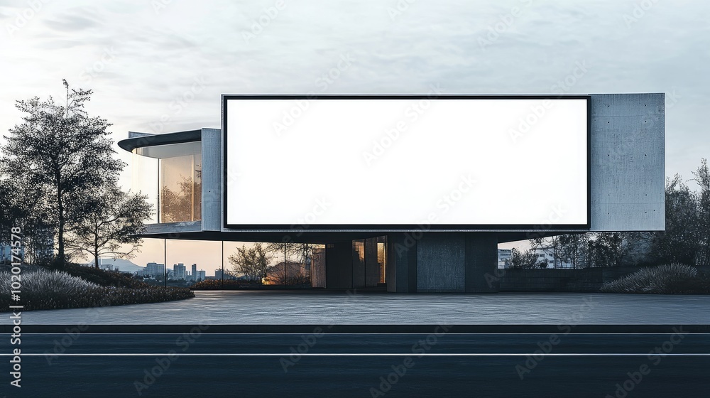 Large white-screen billboard standing in front of sleek, modern architecture, with ample copy space. Large white-screen billboard standing in front of sleek, modern architecture, with ample copy space.