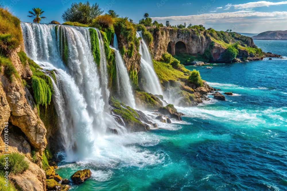 Fototapeta premium Captivating Macro View of Karpuzkaldiran Waterfall Cascading into the Sea in Antalya's Lara District