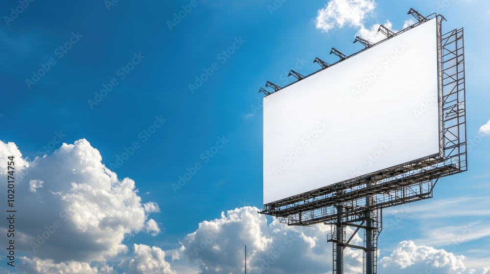 Massive highway billboard with a white screen, set against a blue sky backdrop, with open copy space for branding. Massive highway billboard with a white screen, set against a blue sky backdrop, with open copy space for branding.