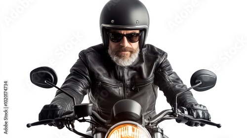 Rider with leather jacket and helmet riding a motorbike on white background looks cool with headlights, safe driving concept on the road