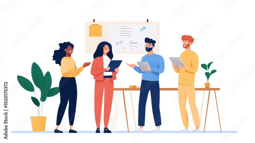 Collaborative team working on product development in modern office setting, showcasing diverse individuals engaged in discussion and brainstorming Collaborative team working on product development in modern office setting, showcasing diverse individuals engaged in discussion and brainstorming