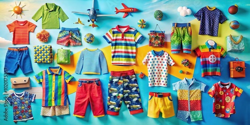 Cartoon-Style Drone Photography of Boy's Fashionable Clothing and Fabrics for Kids