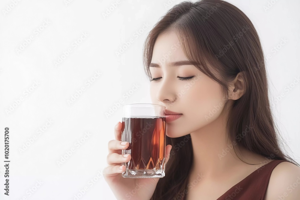 Portrait of a beautiful young Asian woman holding a glass with cola and suffering from a toothache, isolated on a white background. Portrait of a beautiful young Asian woman holding a glass with cola and suffering from a toothache, isolated on a white background.