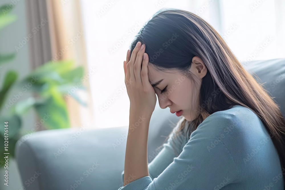 Young Asian woman sitting on the sofa at home with her head in her hands, suffering from extreme pain, side view. Young Asian woman sitting on the sofa at home with her head in her hands, suffering from extreme pain, side view.