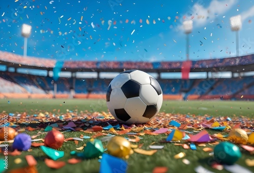 A soccer ball on a field surrounded by flower petals , with a blurred stadium in the background