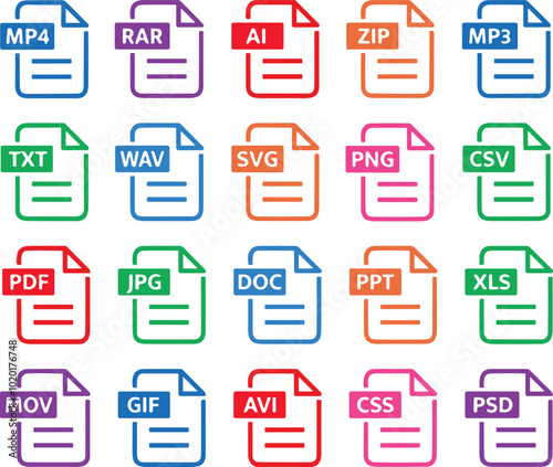 File type icon set. Popular files format and document. Format and extension of documents. Set of pdf, doc, excel, png, jpg, psd, gif, csv, xls, ppt, html, txt. Icons for download on computer