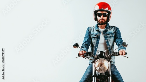 Rider with leather jacket and helmet riding a motorbike on white background looks cool with headlights, safe driving concept on the road
