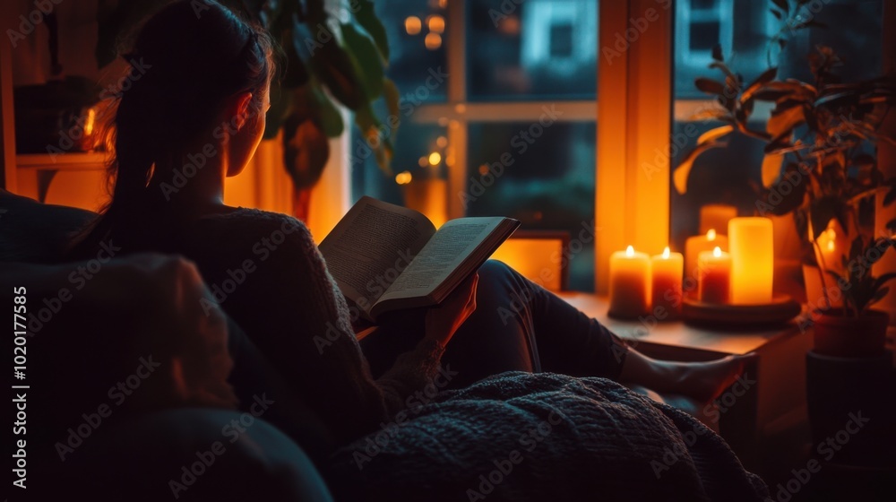 A cozy room with a person reading a book by candlelight, with digital devices set aside, capturing the warmth A cozy room with a person reading a book by candlelight, with digital devices set aside, capturing the warmth