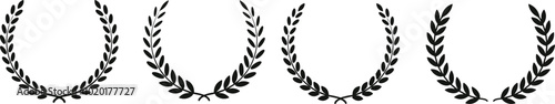 Set black silhouette circular laurel foliate, wheat and oak wreaths depicting an award, achievement, heraldry, nobility. Emblem floral Greek branch flat style - stock vector.