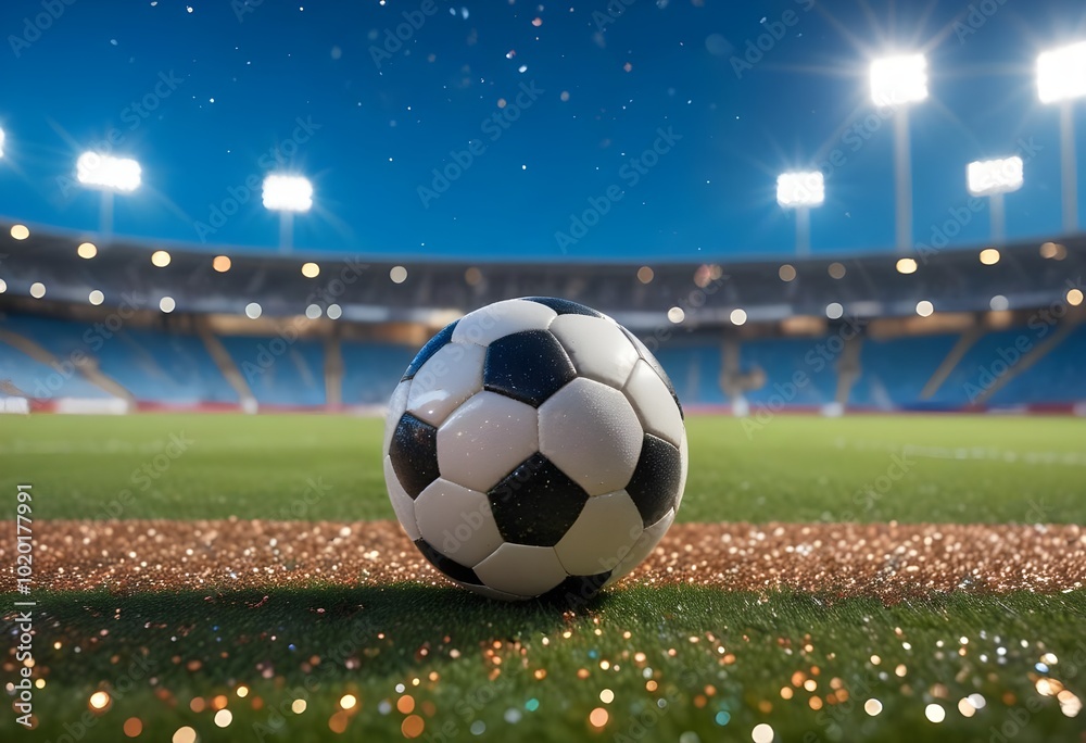 Obraz premium A soccer ball on a field surrounded by glitter , with a blurred stadium in the background