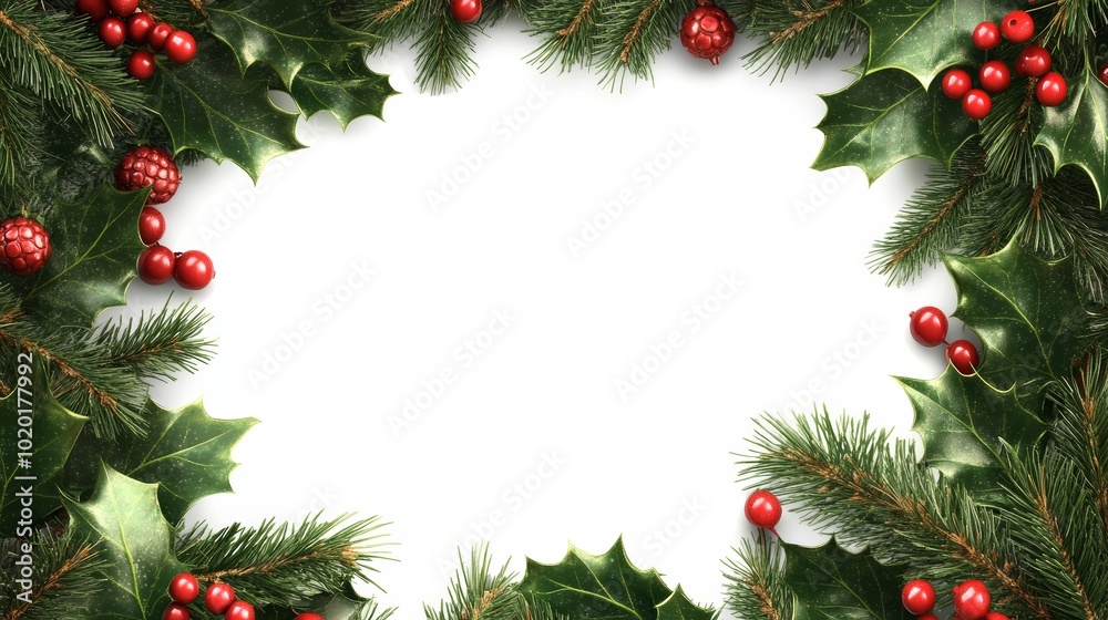 Christmas Holly Fir Branches with Red Berries on White Background Christmas Holly Fir Branches with Red Berries on White Background