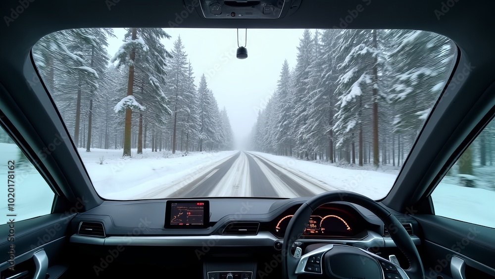Naklejka premium An unmanned vehicle equipped with artificial intelligence is driving on a winter road. View from the car interior to the road.
