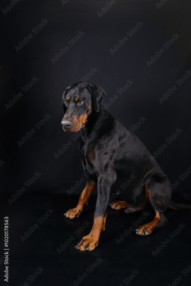 Obraz premium sitting doberman isolated on black background