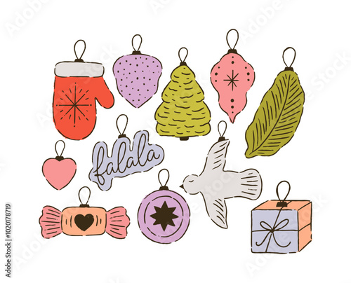 Set of Christmas tree toys isolated on white. Retro seasonal decoration illustration. Vector illustration.
