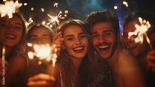 Group of Friends Celebrating New Year with Sparklers Champagne