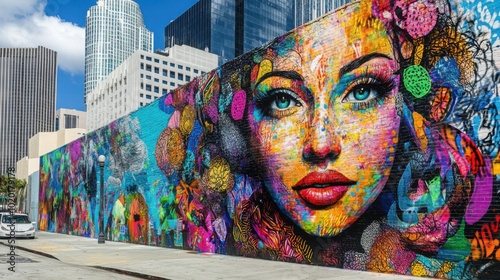 A dynamic street art mural on an urban wall, showcasing vibrant colors and intricate designs that reflect cultural diversity and creativity