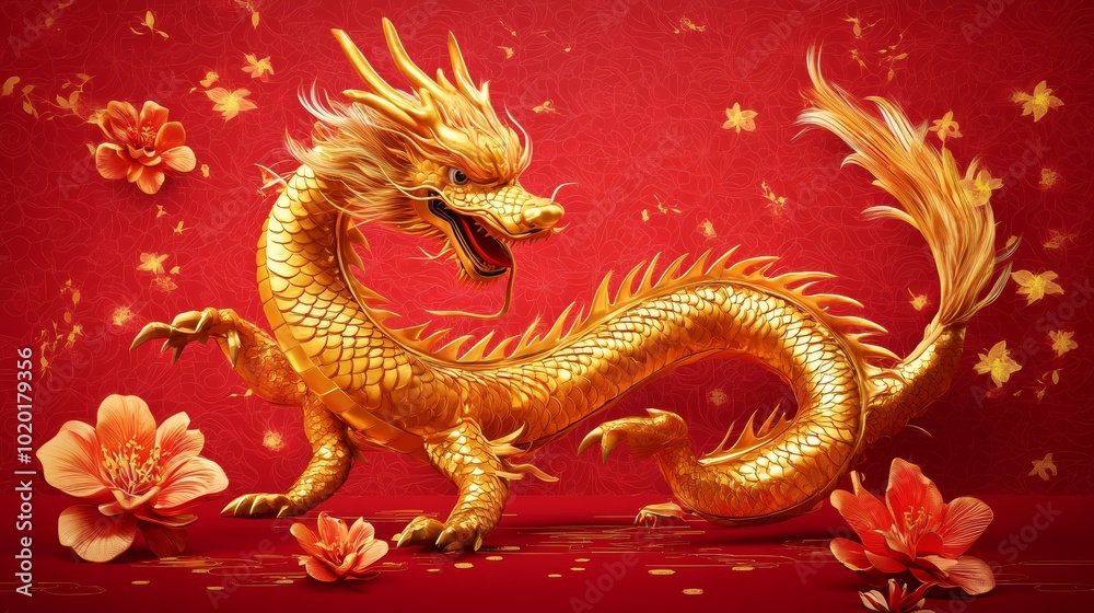 Golden Chinese Dragon Illustration on Red Background with Traditional Patterns Golden Chinese Dragon Illustration on Red Background with Traditional Patterns