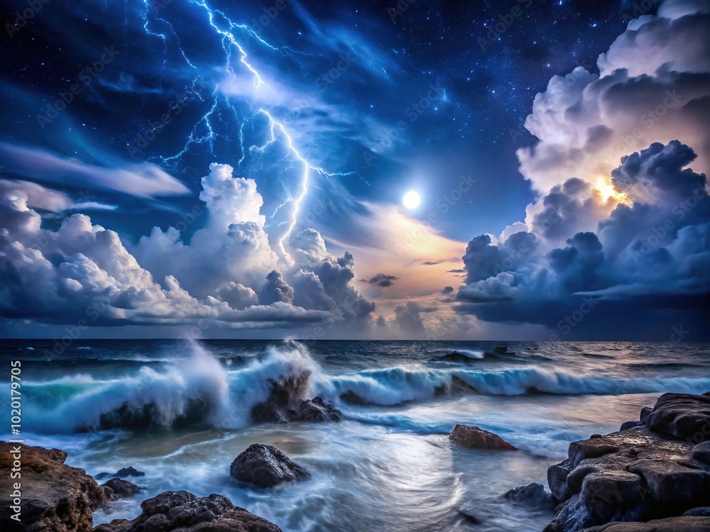 Fototapeta premium Dramatic Storm Over the Sea at Night Captured in Stunning Detail