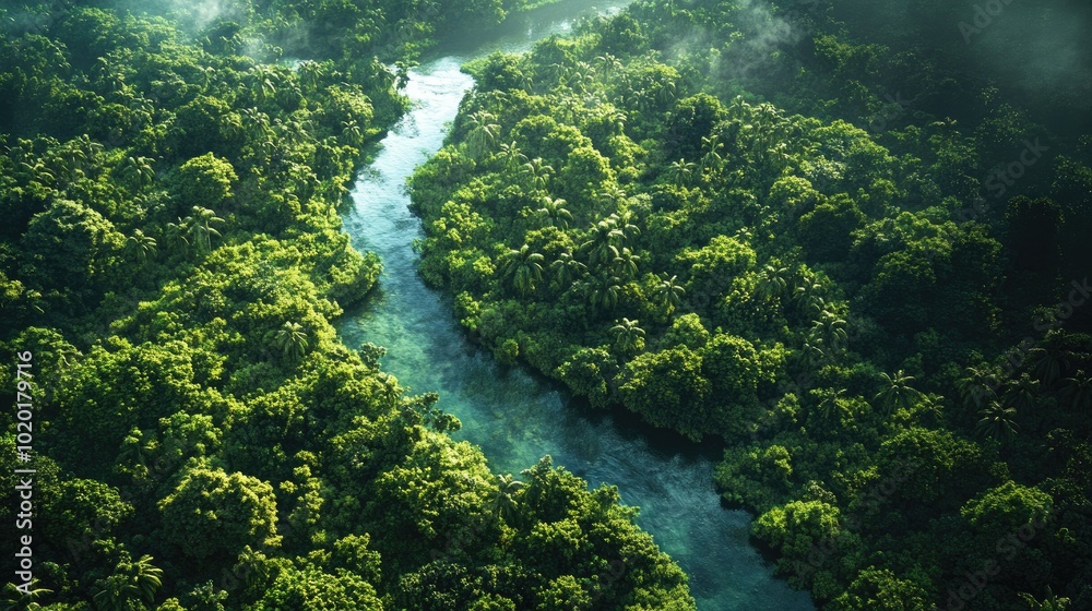 A green jungle river winding its way through the dense foliage, with sunlight dappling the surface. A green jungle river winding its way through the dense foliage, with sunlight dappling the surface.