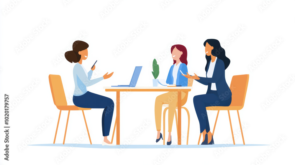 Collaborative meeting with three women discussing ideas around table, showcasing teamwork and communication in professional setting Collaborative meeting with three women discussing ideas around table, showcasing teamwork and communication in professional setting
