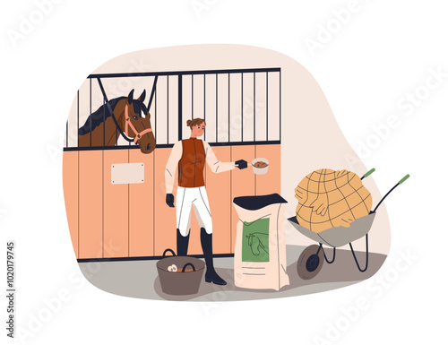 Horse feeding. Farm worker in stable with grain, hay in wheelbarrow. Equine animal care, treatment. Farmer serving food to stallion in barn. Flat vector illustration isolated on white background