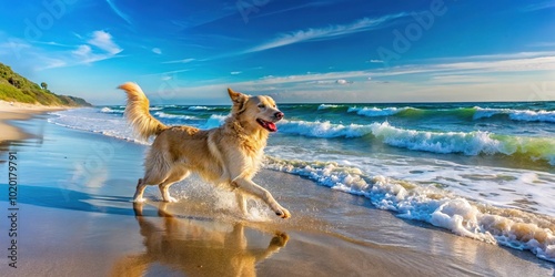 Fototapeta Naklejka Na Ścianę i Meble -  Dog on the Beach at Baltic Sea Coastline of Bornholm, Denmark - Pet Portrait Photography