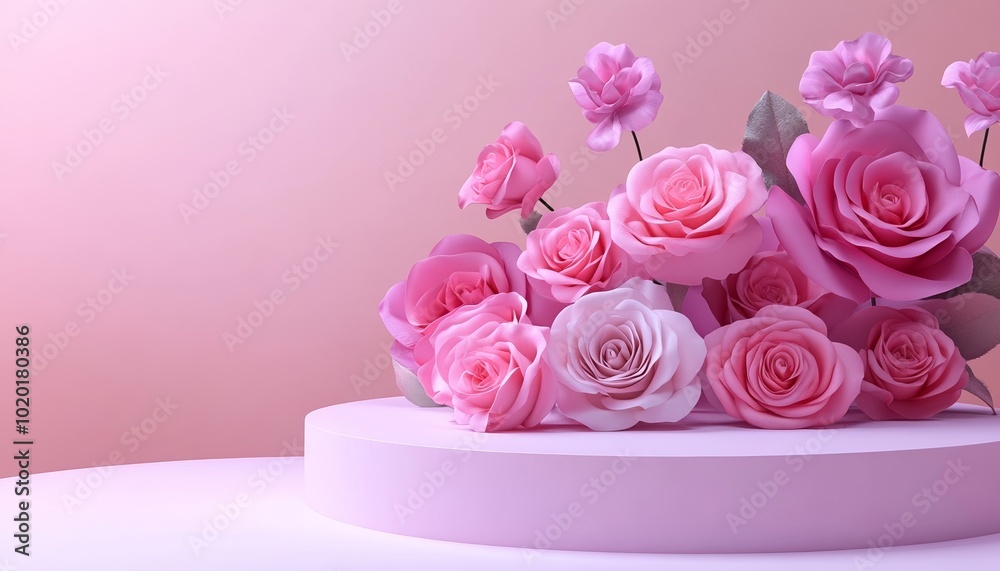Podium Surrounded by Pink Roses with Soft Light in Floral Background Podium Surrounded by Pink Roses with Soft Light in Floral Background