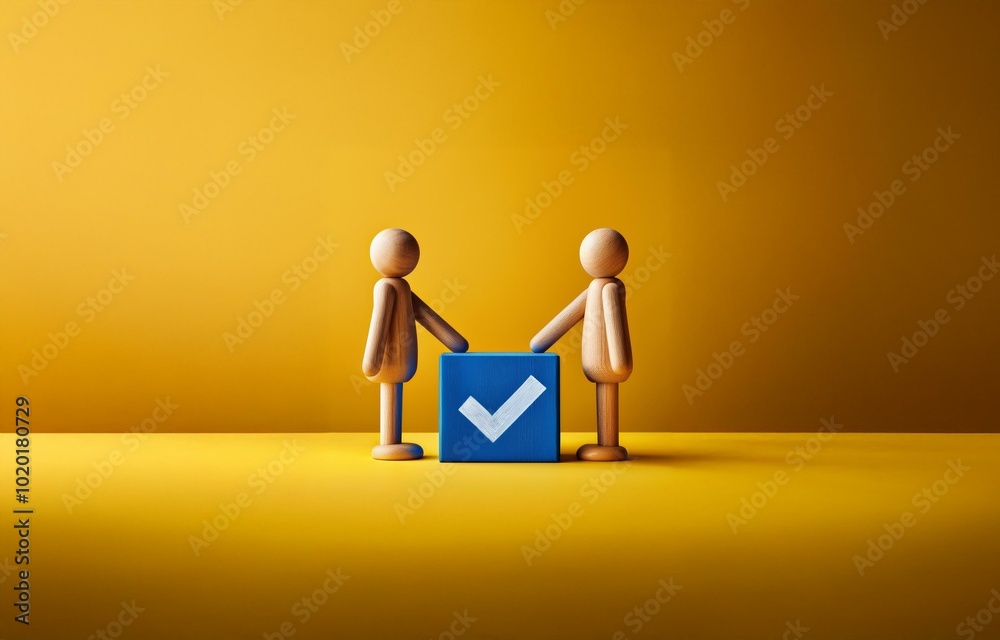 Two wooden figures stand on a yellow surface, facing each other, beside a blue block with a white check mark. Two wooden figures stand on a yellow surface, facing each other, beside a blue block with a white check mark.