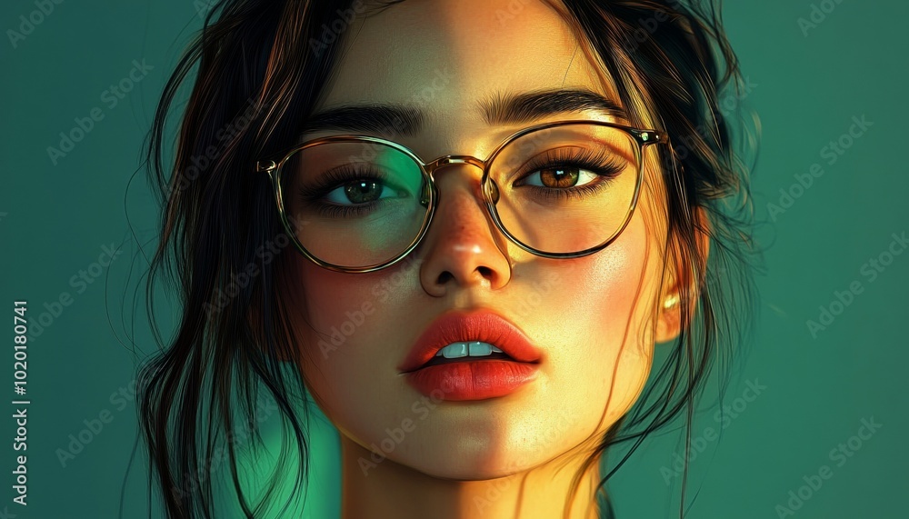 Young Woman with Glasses Posing Against a Green Background Young Woman with Glasses Posing Against a Green Background
