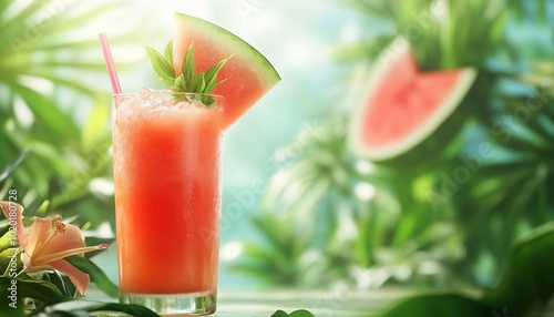 Cold Fresh Watermelon Juice Served with Watermelon Slice in a Glass