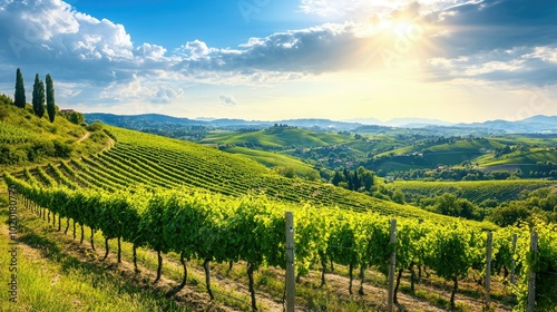 A green vineyard stretching out over rolling hills, with rows of grapevines basking in the sunlight.