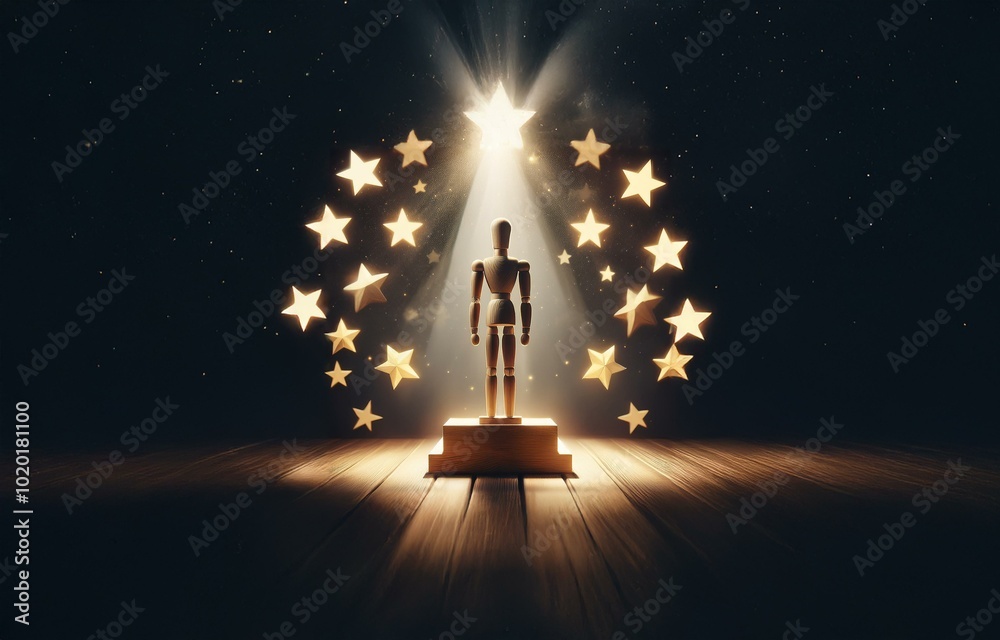 custom made wallpaper toronto digitalA wooden figure stands on a platform with a spotlight shining on it, surrounded by glowing stars.