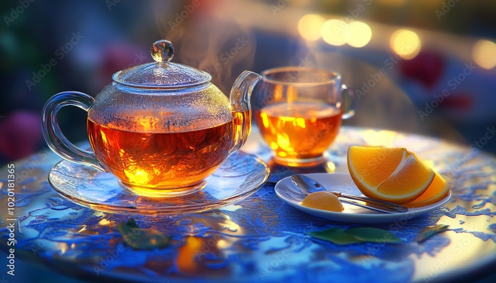 Cup of Tea Teapot on Table with Blurred Outdoor Background Cup of Tea Teapot on Table with Blurred Outdoor Background