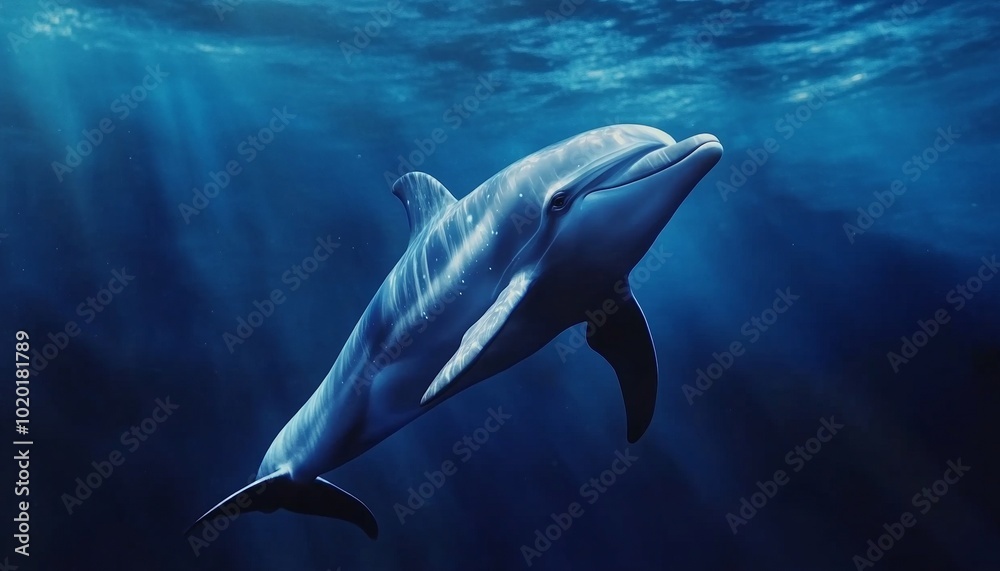 Naklejka premium Dolphin with Galaxy-Themed Fins Swimming in the Ocean with Blue Lighting