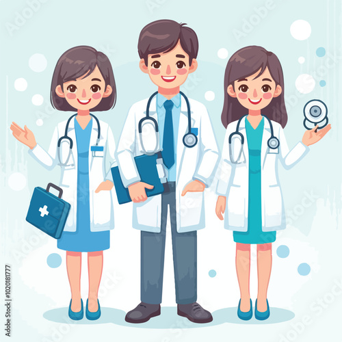 Set of smiling doctors, nurses and paramedics. Portraits of male and female medic workers in uniform with stethoscopes, masks and gloves. Flat cartoon vector illustration isolated on white background