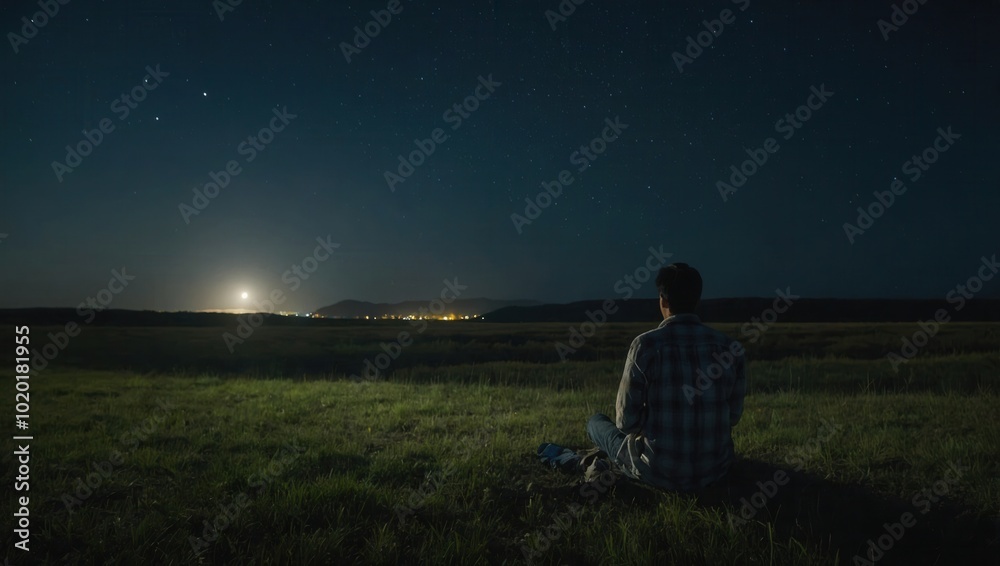 Individual sitting in grassy field under a starry night sky, looking upwards Individual sitting in grassy field under a starry night sky, looking upwards
