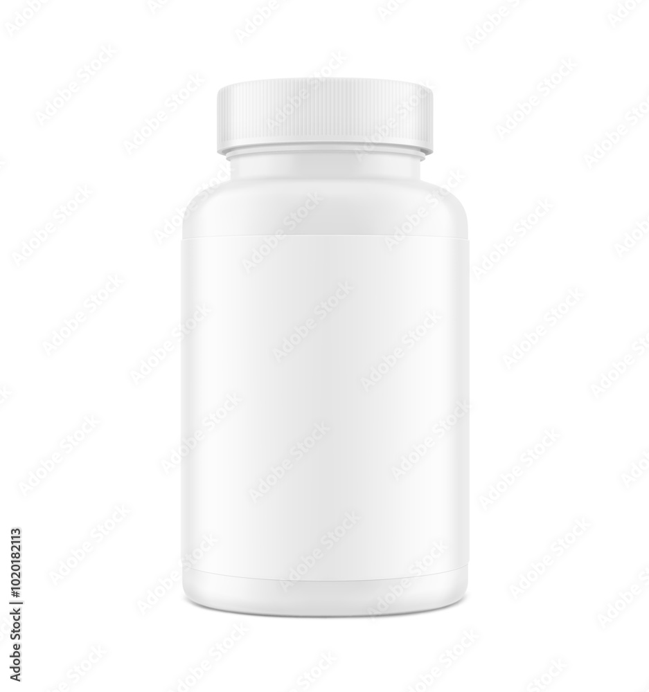 Plastic packer pill bottle mockup with label for treats, vitamins, supplements isolated on white background. Vector illustration. ready for your design. EPS10. Plastic packer pill bottle mockup with label for treats, vitamins, supplements isolated on white background. Vector illustration. ready for your design. EPS10.