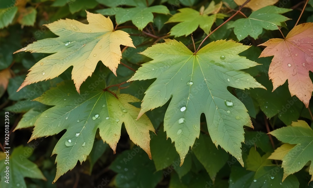 Autumn leaves with dew , surrounded by lush foliage Autumn leaves with dew , surrounded by lush foliage