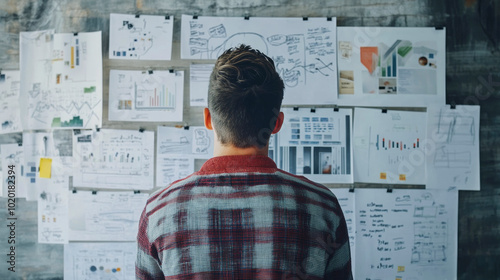 Focused young male analyzing strategic business plans on bulletin board