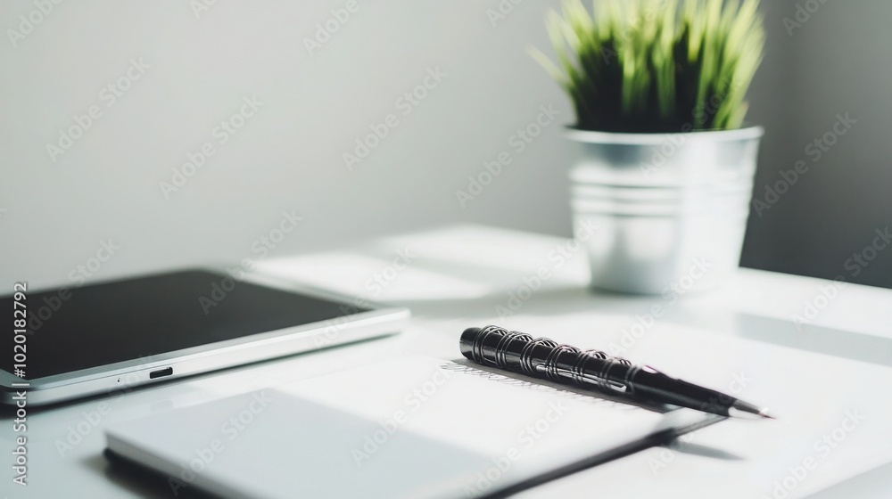 A minimalist workspace with no electronic devices, featuring a plant, notebook, and pen, creating an atmosphere A minimalist workspace with no electronic devices, featuring a plant, notebook, and pen, creating an atmosphere