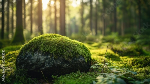 A moss-covered rock in the middle of a serene green forest, adding to the natural ambiance.