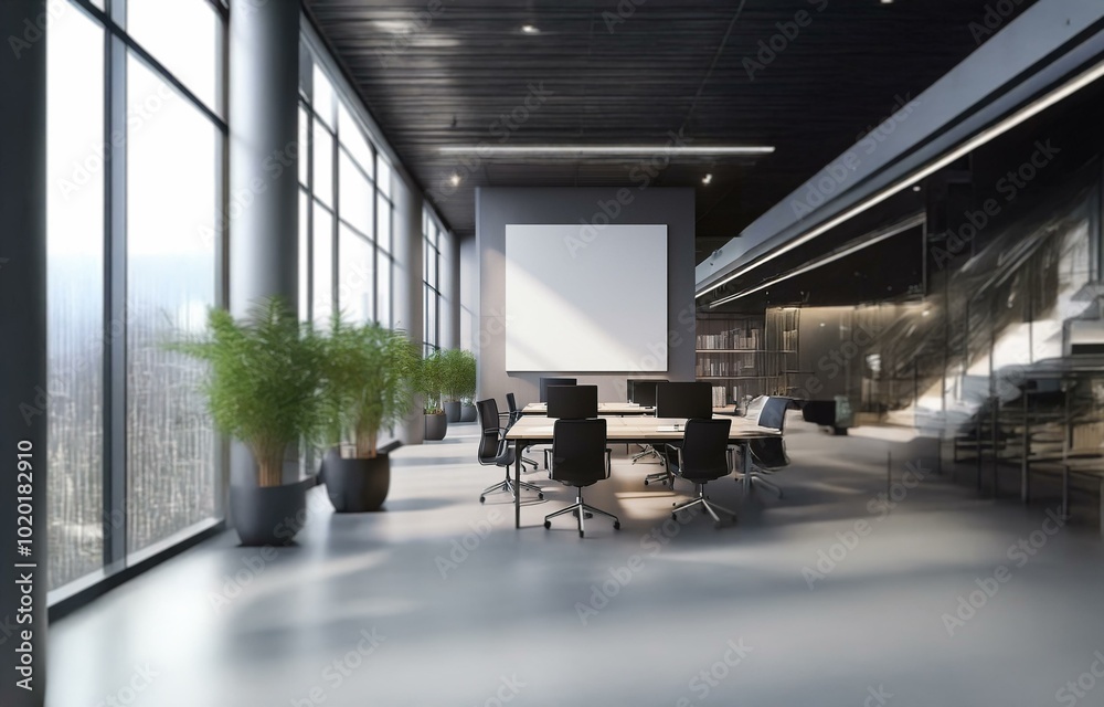 Modern office interior with large windows, a blank canvas, and a conference table with chairs.
