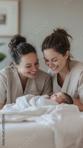 In a warm maternity ward, two nurses joyfully interact with a swaddled newborn, highlighting their dedication and the special bond formed in early moments of life photo