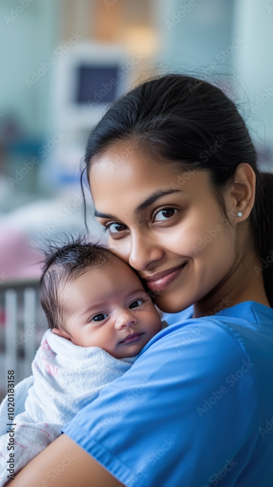 In a warm maternity ward, a nurse cradles a newborn with tenderness, highlighting the nurturing bond between caregiver and infant in those precious moments after birth In a warm maternity ward, a nurse cradles a newborn with tenderness, highlighting the nurturing bond between caregiver and infant in those precious moments after birth