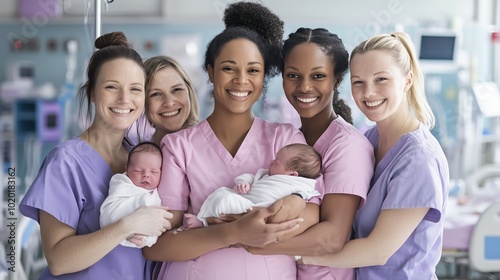 A warm and caring group of nurses holds several newborns in the maternity ward, showcasing their dedication and teamwork in providing excellent care during their shift