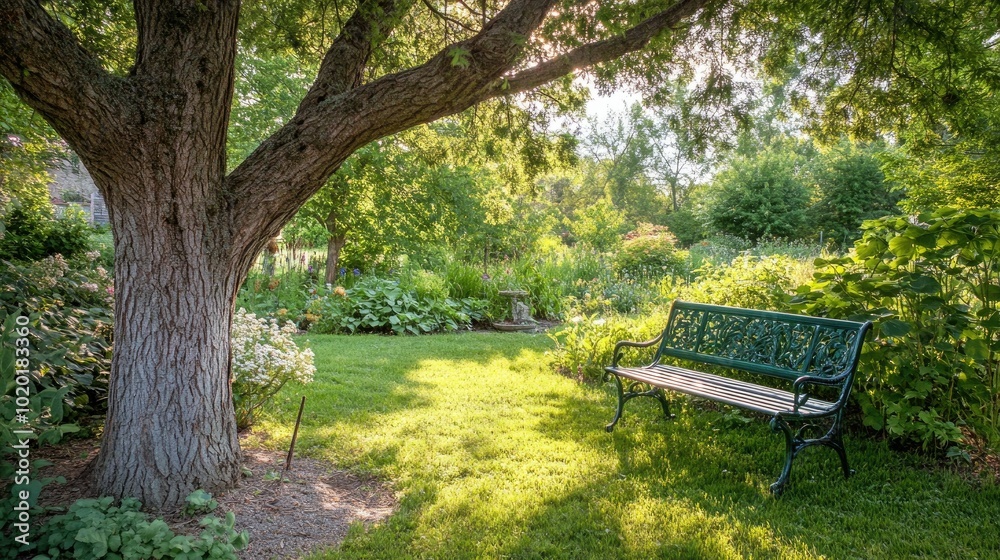 A peaceful green garden bench under the shade of a large tree, inviting a moment of rest. A peaceful green garden bench under the shade of a large tree, inviting a moment of rest.